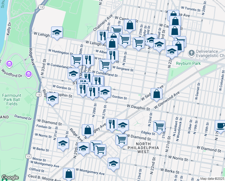 map of restaurants, bars, coffee shops, grocery stores, and more near 2634 West York Street in Philadelphia
