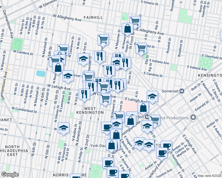 map of restaurants, bars, coffee shops, grocery stores, and more near 2729 North Mascher Street in Philadelphia