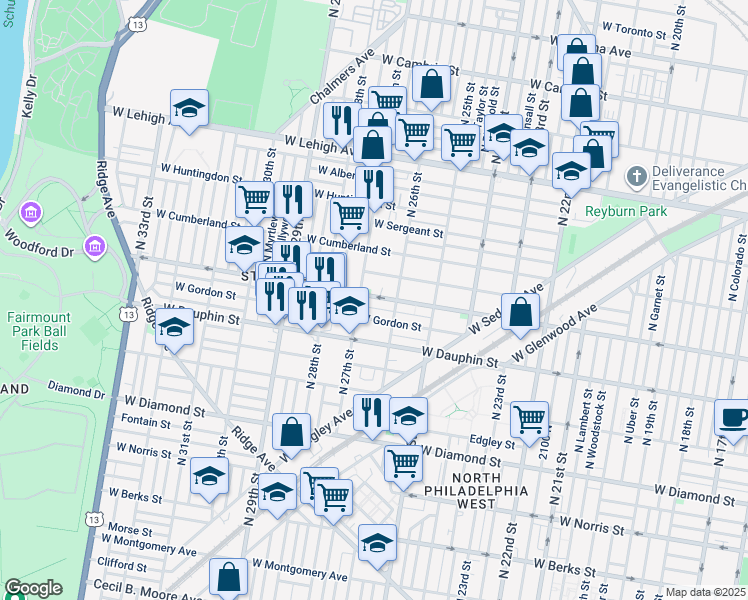 map of restaurants, bars, coffee shops, grocery stores, and more near 2634 West York Street in Philadelphia