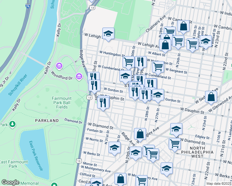 map of restaurants, bars, coffee shops, grocery stores, and more near 2317 North 31st Street in Philadelphia