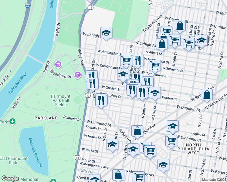 map of restaurants, bars, coffee shops, grocery stores, and more near 2317 North 31st Street in Philadelphia
