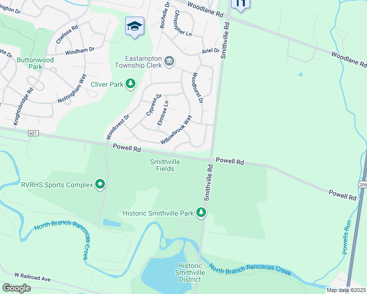 map of restaurants, bars, coffee shops, grocery stores, and more near 6 Mulberry Lane in Mount Holly