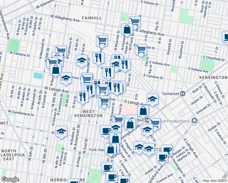 map of restaurants, bars, coffee shops, grocery stores, and more near 2736 North Howard Street in Philadelphia