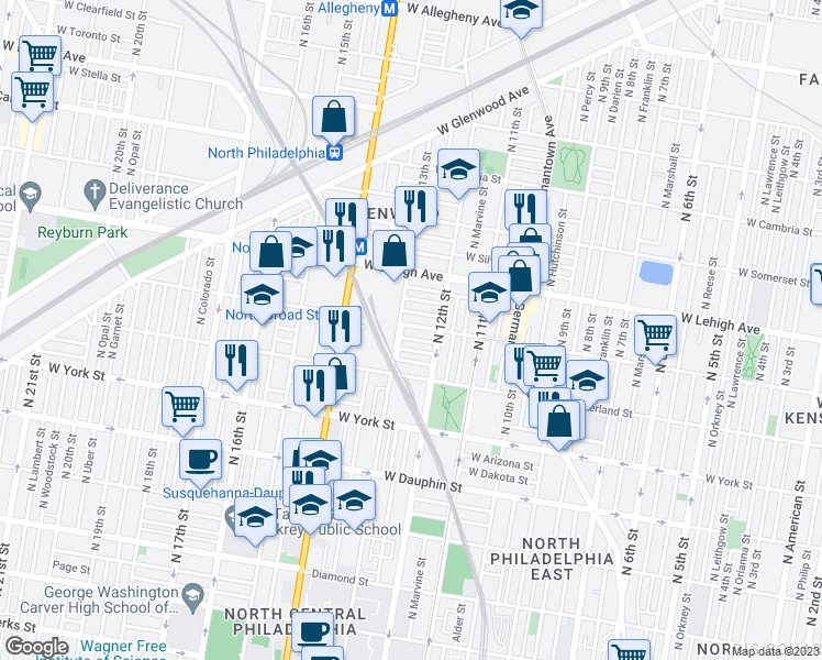 map of restaurants, bars, coffee shops, grocery stores, and more near 1238 West Huntingdon Street in Philadelphia