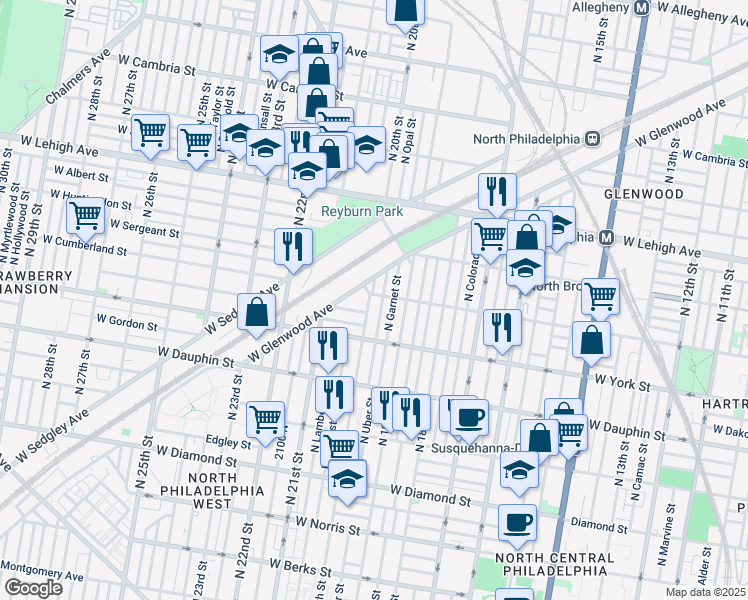 map of restaurants, bars, coffee shops, grocery stores, and more near 2459 North 20th Street in Philadelphia