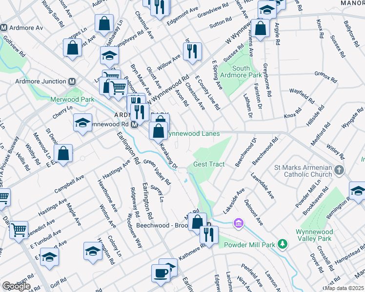 map of restaurants, bars, coffee shops, grocery stores, and more near 2138 Bryn Mawr Place in Ardmore