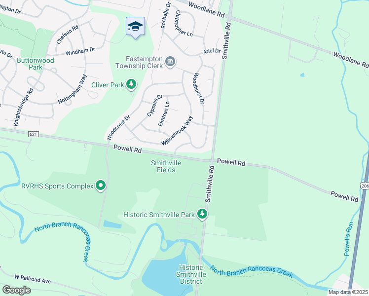 map of restaurants, bars, coffee shops, grocery stores, and more near 6 Mulberry Lane in Mount Holly