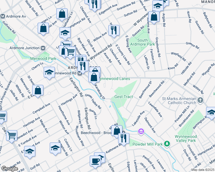 map of restaurants, bars, coffee shops, grocery stores, and more near 2138 Bryn Mawr Place in Ardmore