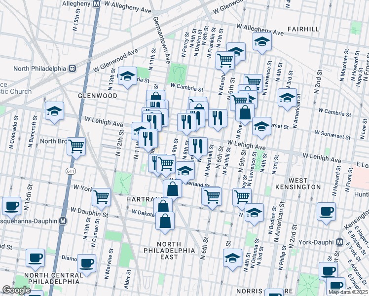 map of restaurants, bars, coffee shops, grocery stores, and more near 2632 North 8th Street in Philadelphia