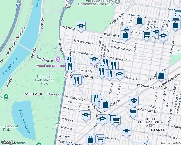 map of restaurants, bars, coffee shops, grocery stores, and more near 3028 West Gordon Street in Philadelphia