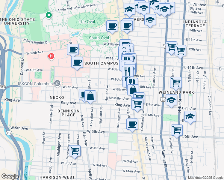 map of restaurants, bars, coffee shops, grocery stores, and more near 80 McMillen Avenue in Columbus