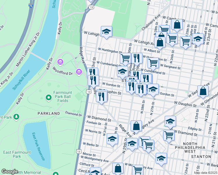 map of restaurants, bars, coffee shops, grocery stores, and more near 2301 North 31st Street in Philadelphia