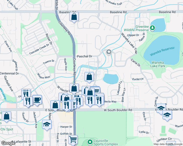 map of restaurants, bars, coffee shops, grocery stores, and more near 2123 Hecla Drive in Louisville