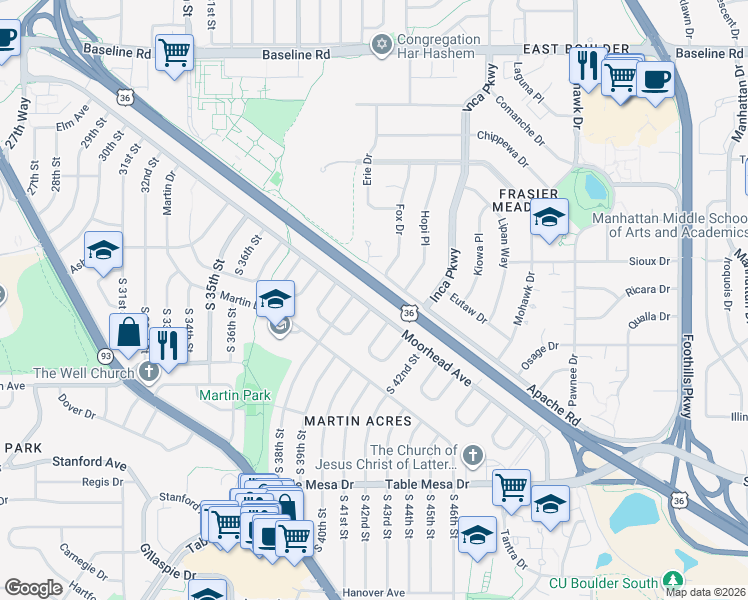 map of restaurants, bars, coffee shops, grocery stores, and more near 3995 Moorhead Avenue in Boulder