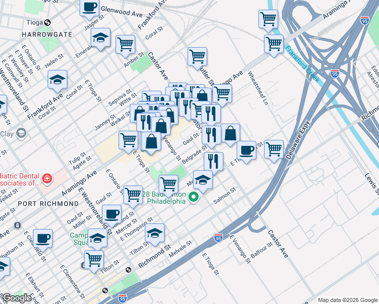map of restaurants, bars, coffee shops, grocery stores, and more near 3620 Belgrade Street in Philadelphia