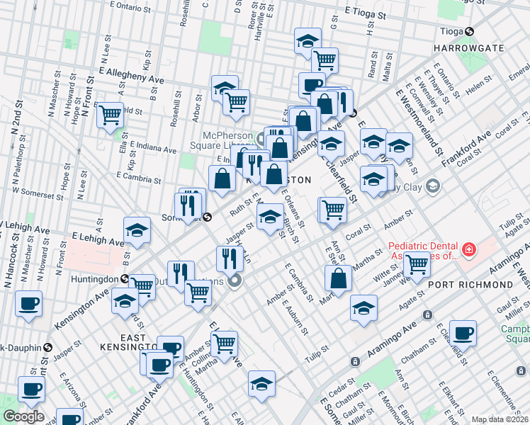 map of restaurants, bars, coffee shops, grocery stores, and more near 1912 East Monmouth Street in Philadelphia