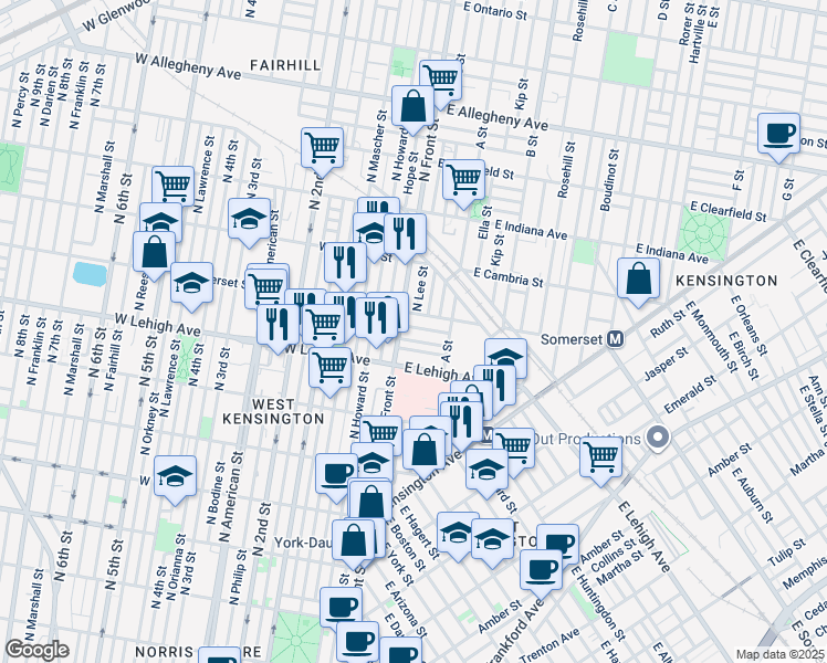 map of restaurants, bars, coffee shops, grocery stores, and more near 7 East Seltzer Street in Philadelphia