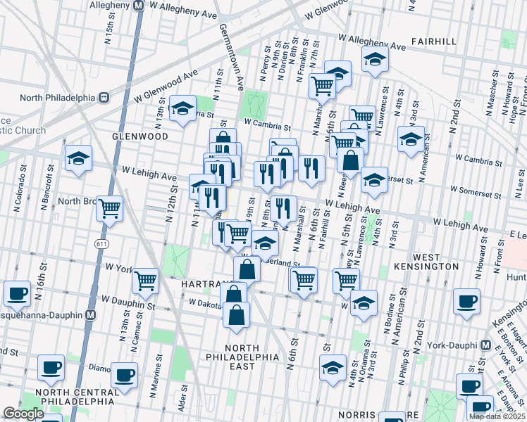 map of restaurants, bars, coffee shops, grocery stores, and more near 2632 North 8th Street in Philadelphia