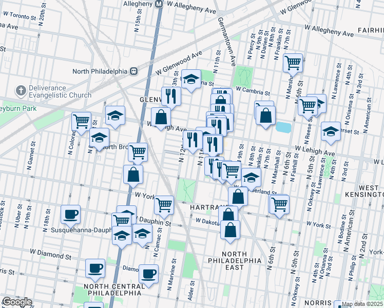 map of restaurants, bars, coffee shops, grocery stores, and more near 2602 North Jessup Street in Philadelphia