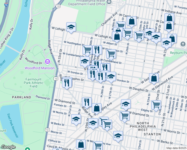 map of restaurants, bars, coffee shops, grocery stores, and more near 2318 North 29th Street in Philadelphia