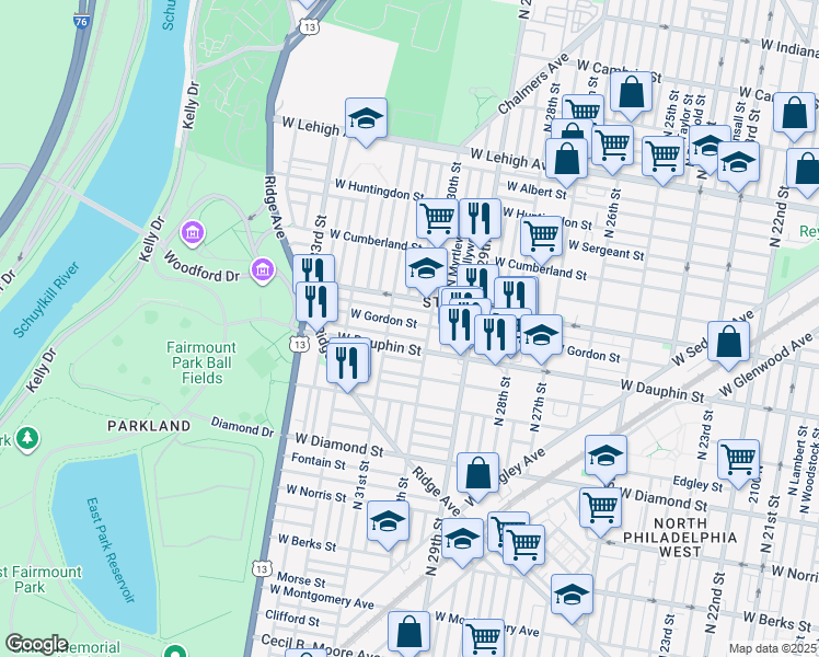 map of restaurants, bars, coffee shops, grocery stores, and more near 3028 West Gordon Street in Philadelphia