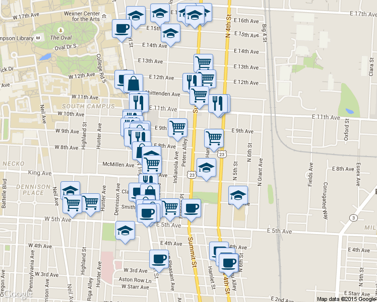 map of restaurants, bars, coffee shops, grocery stores, and more near 1393 Peters Alley in Columbus