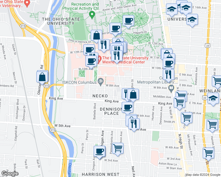 map of restaurants, bars, coffee shops, grocery stores, and more near 1484 Michigan Avenue in Columbus