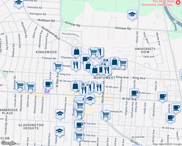 map of restaurants, bars, coffee shops, grocery stores, and more near 1351 King Avenue in Columbus