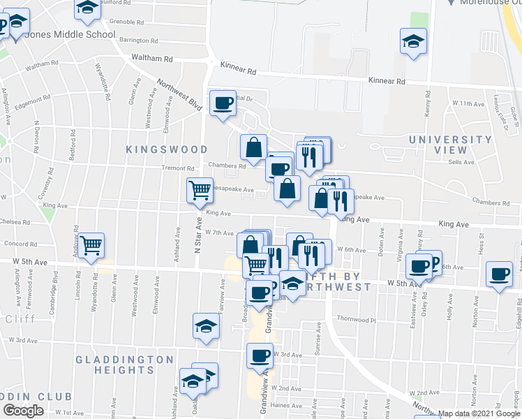 map of restaurants, bars, coffee shops, grocery stores, and more near 1635 Grandview Avenue in Columbus