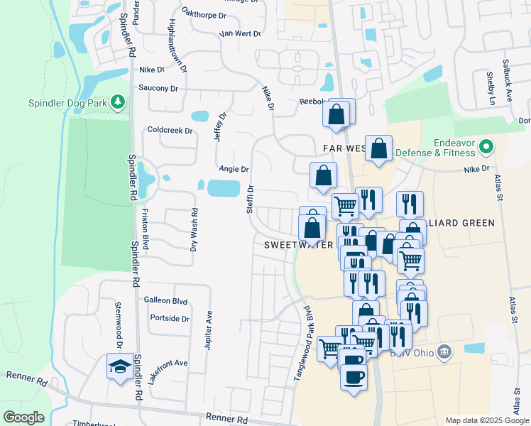 map of restaurants, bars, coffee shops, grocery stores, and more near 2032 Burbridge Lane in Hilliard