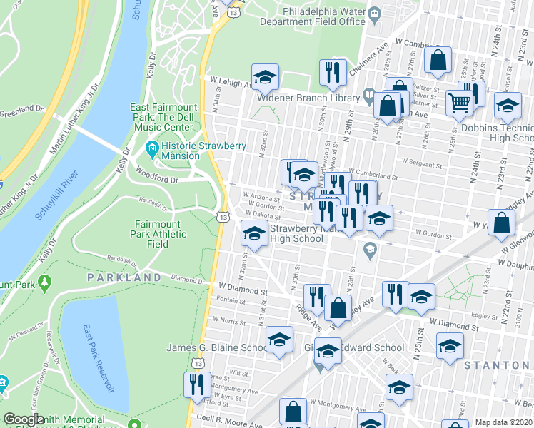 map of restaurants, bars, coffee shops, grocery stores, and more near 3123 West Dakota Street in Philadelphia