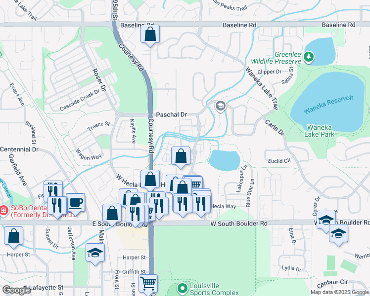 map of restaurants, bars, coffee shops, grocery stores, and more near 2260 Golden Eagle Way in Louisville
