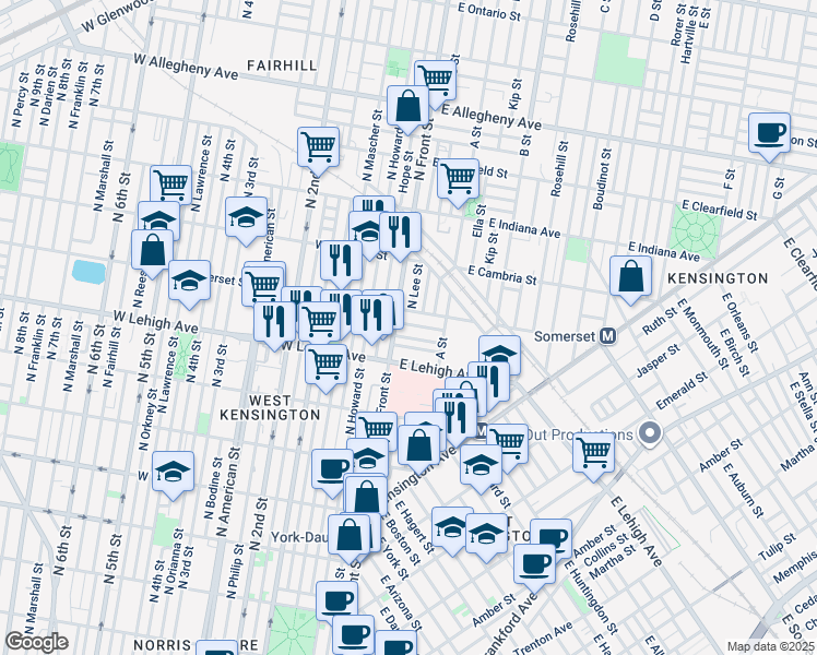 map of restaurants, bars, coffee shops, grocery stores, and more near 7 East Seltzer Street in Philadelphia