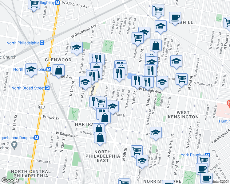map of restaurants, bars, coffee shops, grocery stores, and more near 2637 North 8th Street in Philadelphia
