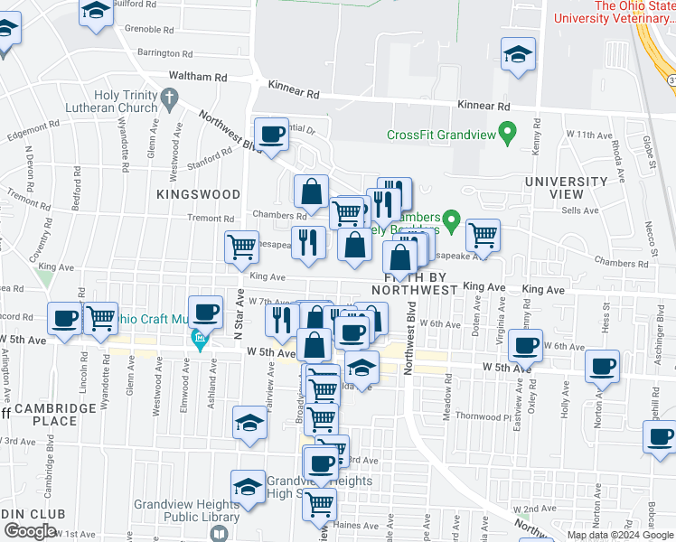 map of restaurants, bars, coffee shops, grocery stores, and more near 1392 King Avenue in Columbus