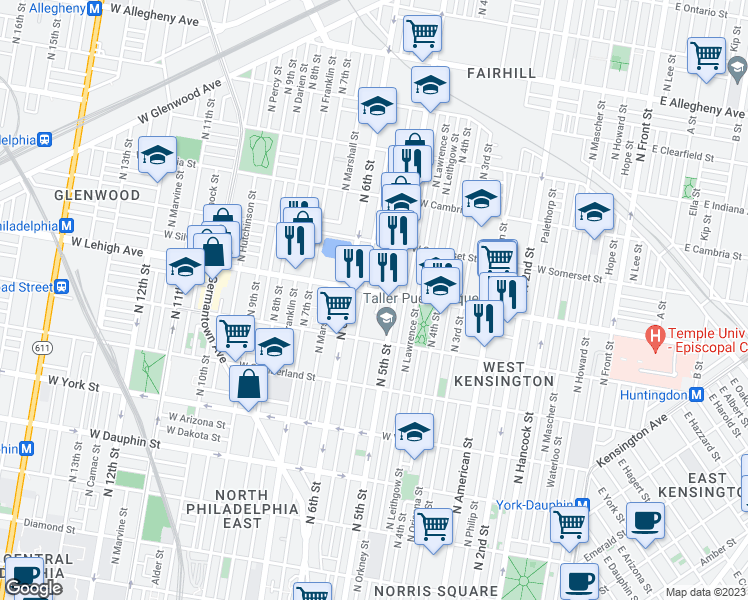 map of restaurants, bars, coffee shops, grocery stores, and more near 518 West Lehigh Avenue in Philadelphia