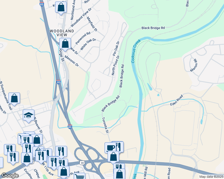 map of restaurants, bars, coffee shops, grocery stores, and more near 2365 North Point Drive in York