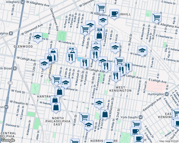 map of restaurants, bars, coffee shops, grocery stores, and more near 518 West Lehigh Avenue in Philadelphia