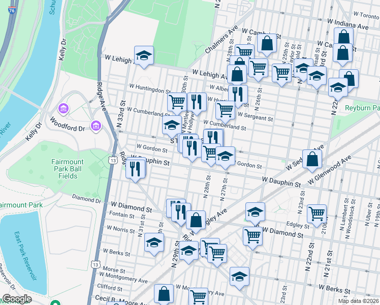 map of restaurants, bars, coffee shops, grocery stores, and more near 2318 North 29th Street in Philadelphia
