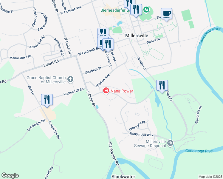 map of restaurants, bars, coffee shops, grocery stores, and more near in Millersville