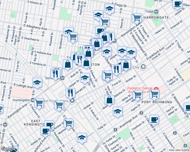 map of restaurants, bars, coffee shops, grocery stores, and more near 1929 East Orleans Street in Philadelphia