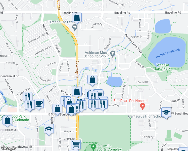 map of restaurants, bars, coffee shops, grocery stores, and more near 2260 Golden Eagle Way in Louisville