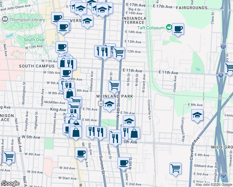 map of restaurants, bars, coffee shops, grocery stores, and more near 1378 Hamlet Street in Columbus