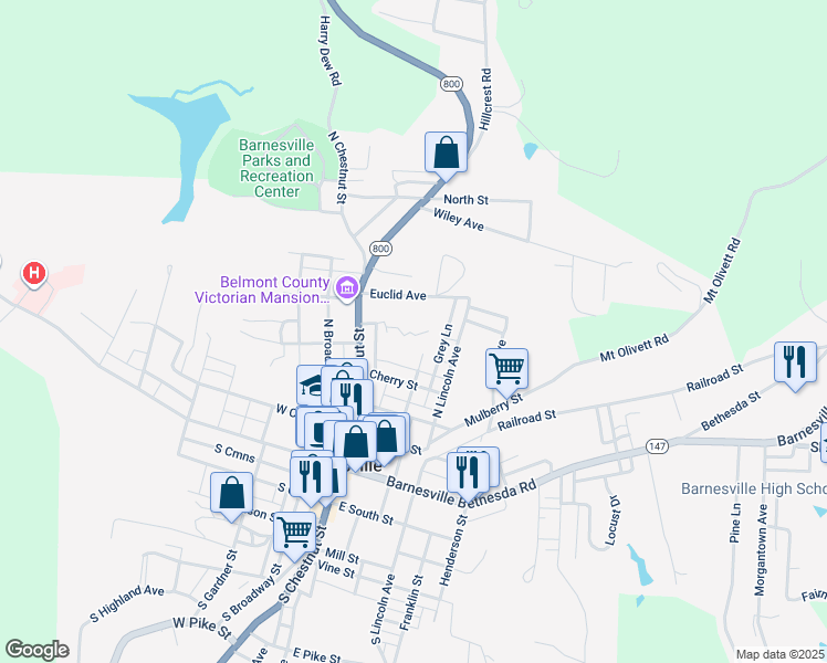 map of restaurants, bars, coffee shops, grocery stores, and more near 111 Mackey Drive in Barnesville