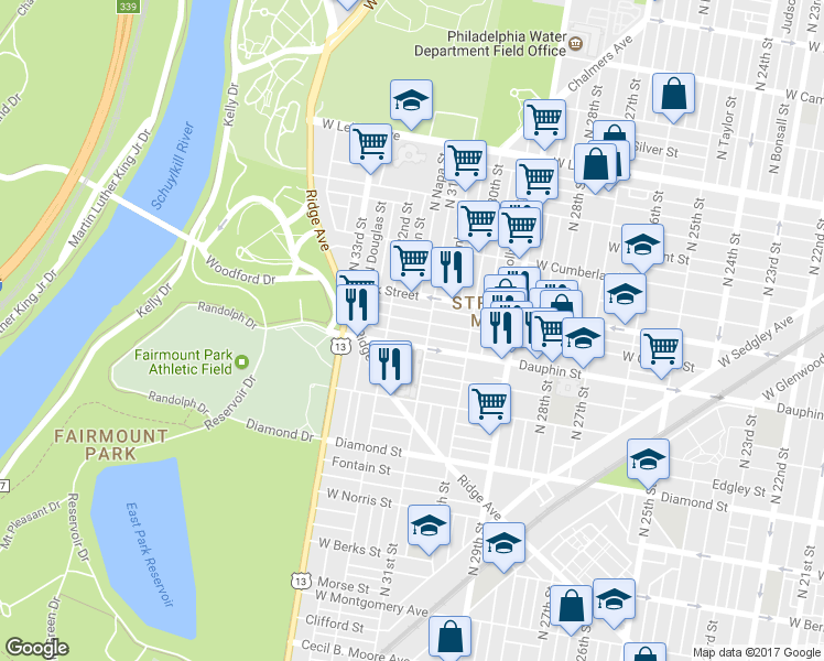 map of restaurants, bars, coffee shops, grocery stores, and more near 3121 West Dakota Street in Philadelphia