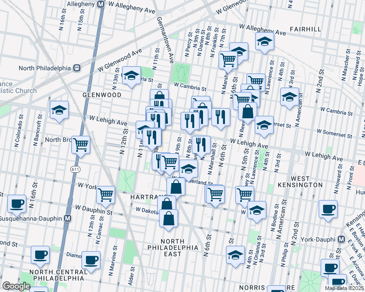 map of restaurants, bars, coffee shops, grocery stores, and more near 2634 North Darien Street in Philadelphia