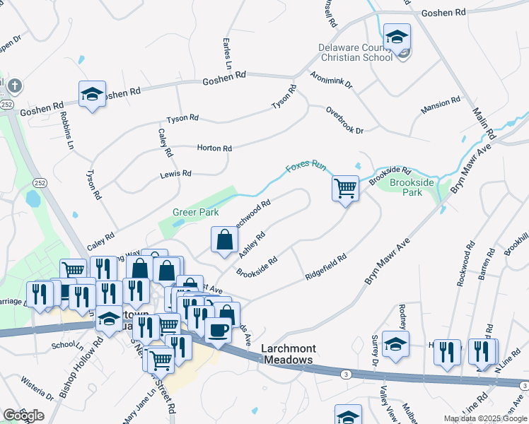 map of restaurants, bars, coffee shops, grocery stores, and more near 135 Beechwood Road in Newtown Square