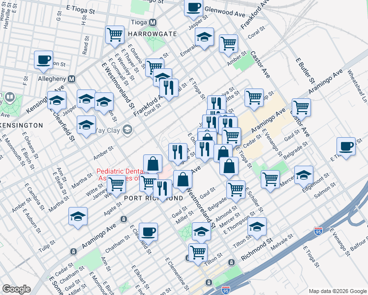 map of restaurants, bars, coffee shops, grocery stores, and more near 3319 Agate Street in Philadelphia