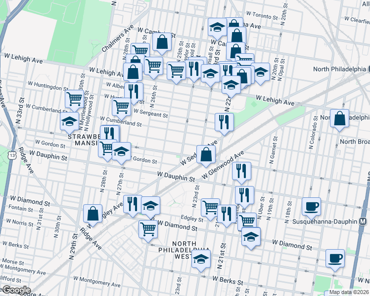 map of restaurants, bars, coffee shops, grocery stores, and more near 2307 West York Street in Philadelphia