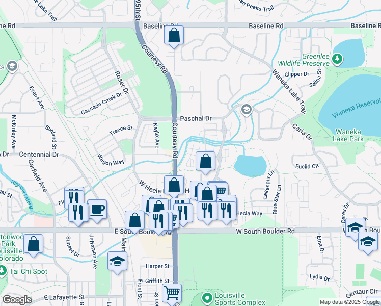map of restaurants, bars, coffee shops, grocery stores, and more near 1319 Snowberry Lane in Louisville